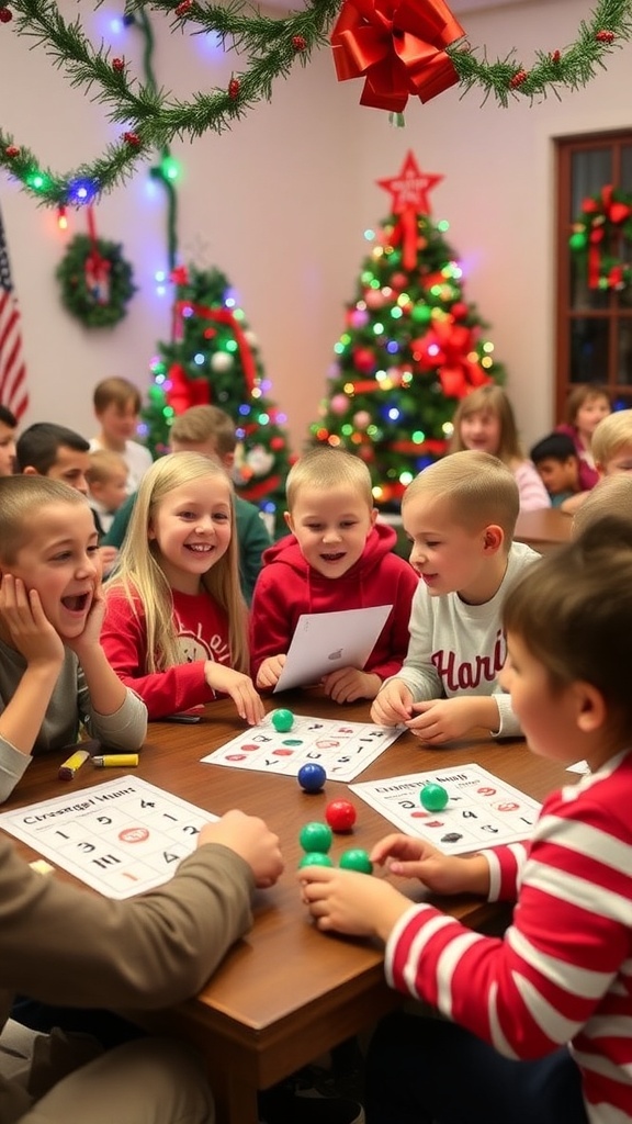 Fun Christmas Party Games for 3rd Graders 3rd graders having fun at a Christmas party, playing games and celebrating the holiday spirit.
